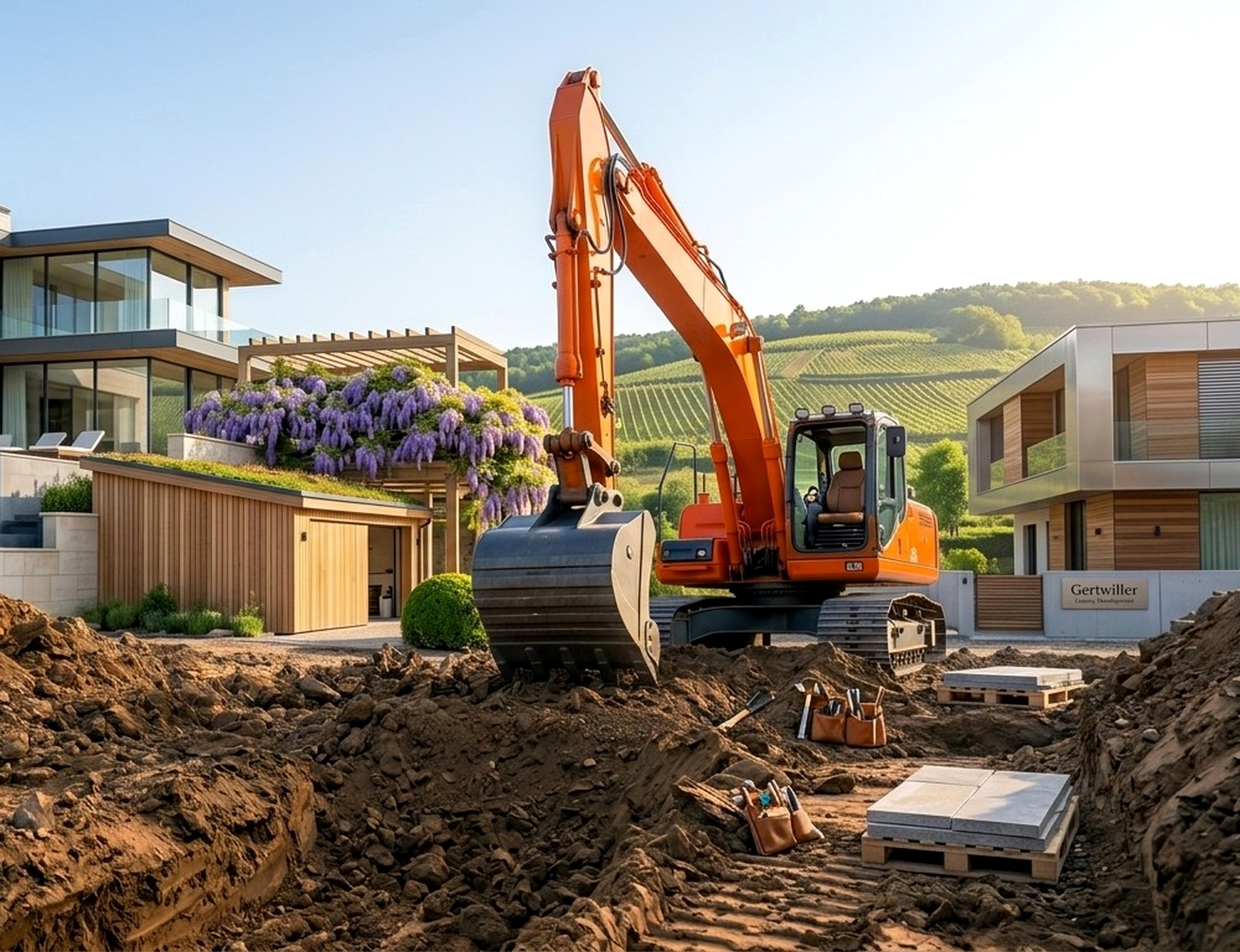 Chantier de terrassement BSP Construction, pelleteuse sur maisons individuelles modernes